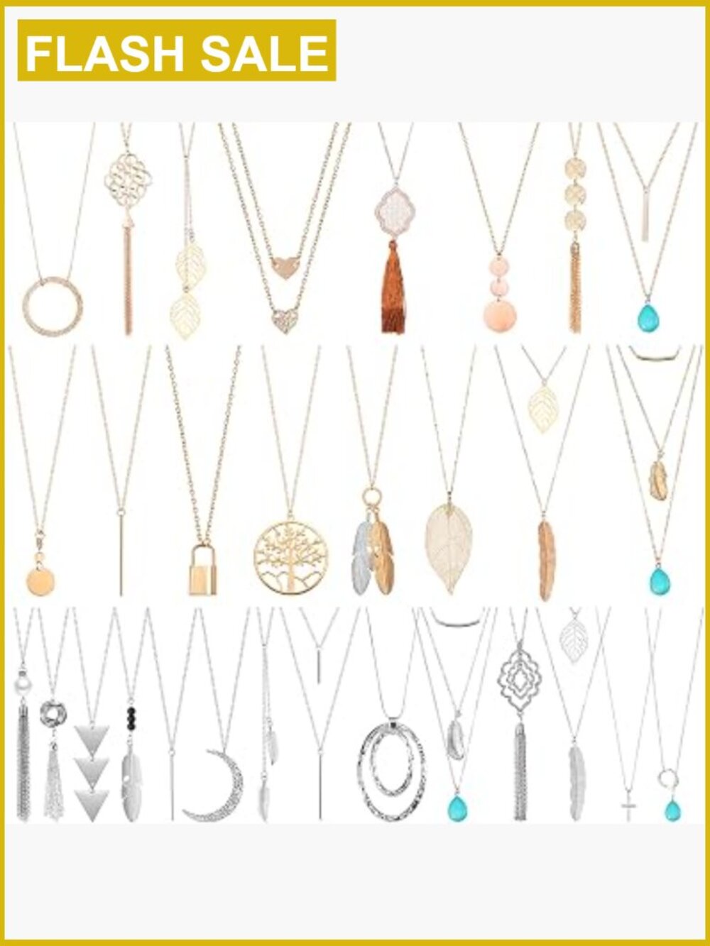30 Piece Long Necklace Set Gold Silver Tassel Pendant Leaf Circle Statement